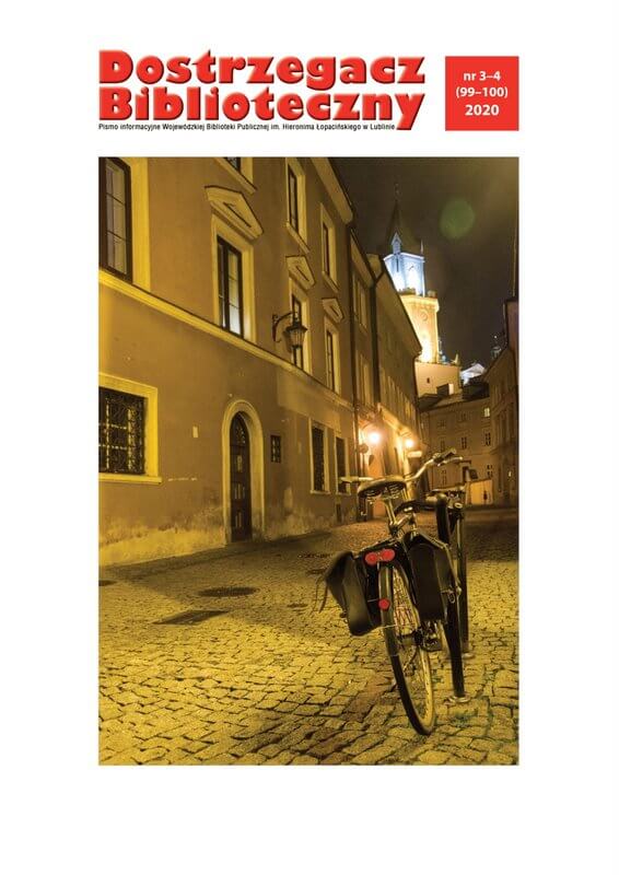 Okładka czasopisma "Dostrzegacz Biblioteczny". Na pierwszym planie rower, w tle uliczka nocą. 