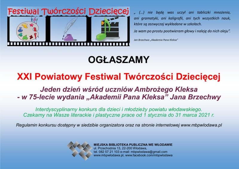 Plakat ogłaszający XXI Powiatowy Festiwal Twórczości Dziecięcej
