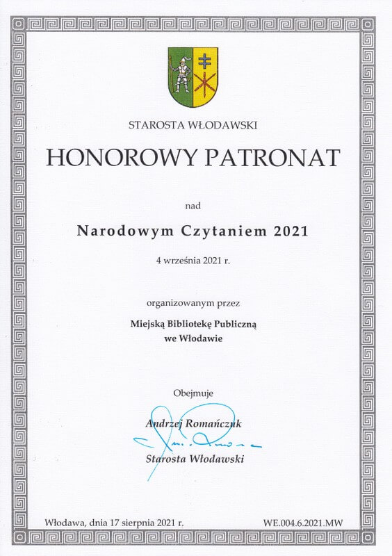 Dokument objęcia wydarzenia Honorowym Patronatem przez Starostę Włodawskiego Andrzeja Romańczuka. 
