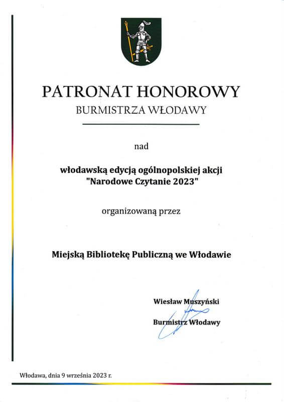 Dokument patronatu honorowego Burmistrza Włodawy