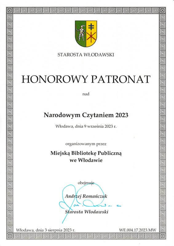 Dokument patronatu honorowego Starosty Włodawskiego. 