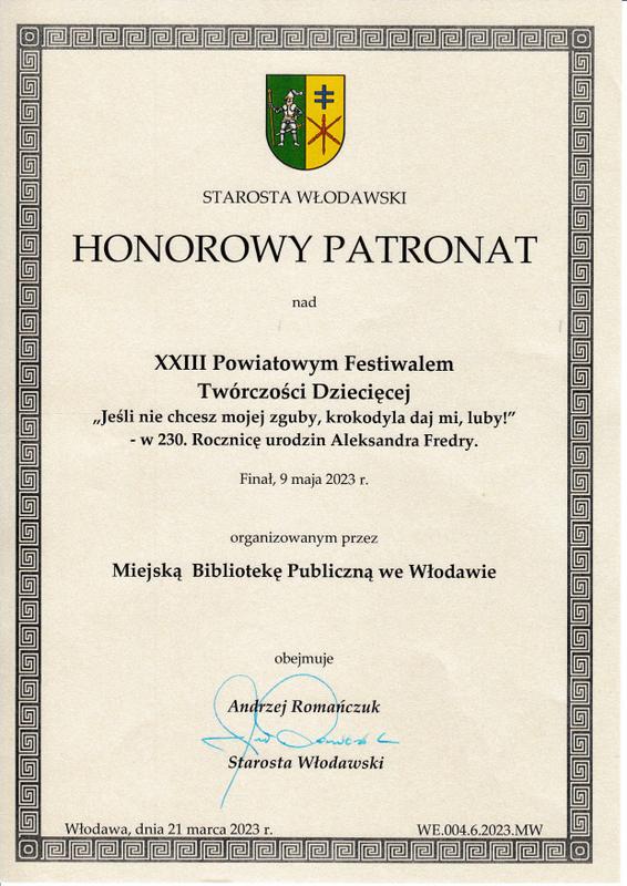 Honorowy Patronat Starosty Włodawskiego