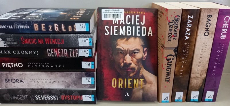Sześć książek leżących, pięć książek stojących, widoczna okładka: Maciej Siembieda: Orient.