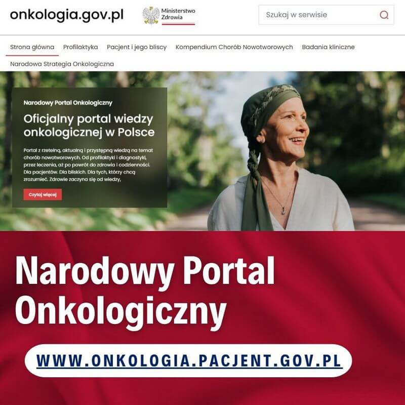 Plakat anonsujący Narodowy Portal Onkologiczny.  Element graficzny: Zdjęcie kobiety w chustce. 