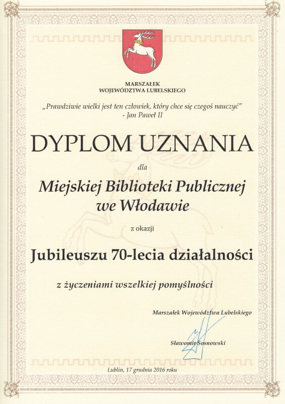 Dyplom uznania od Marszałka